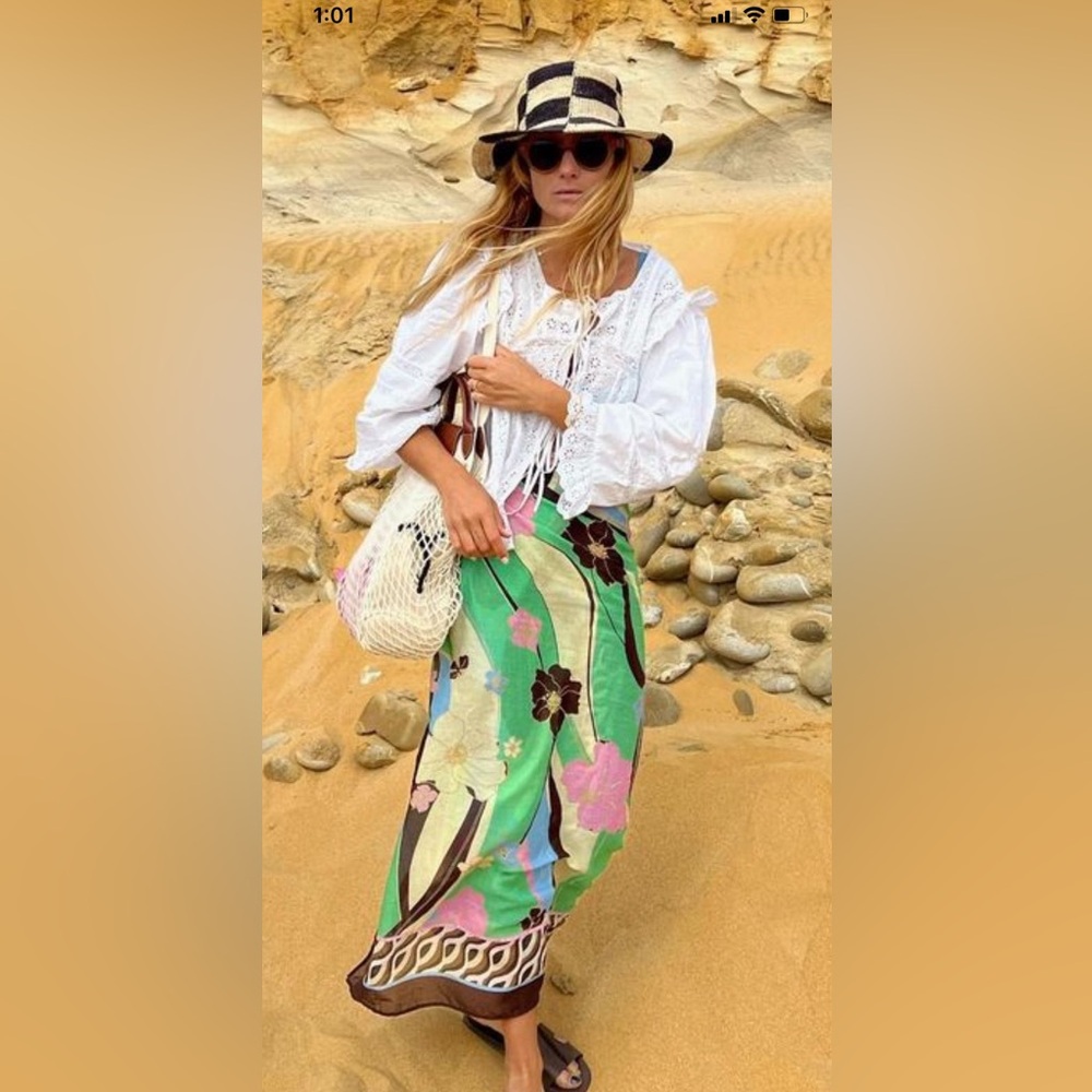 Rixo London Cotton Maxi Shawl Scarf Green Brown Pink worn by Mafalda Patricio
